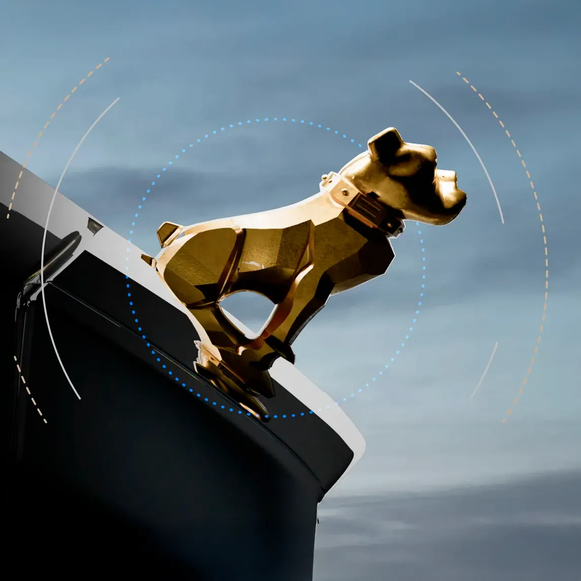 Adorno de cofre con el perro Bulldog dorado de Mack Trucks rodeado de líneas de señal inalámbrica.